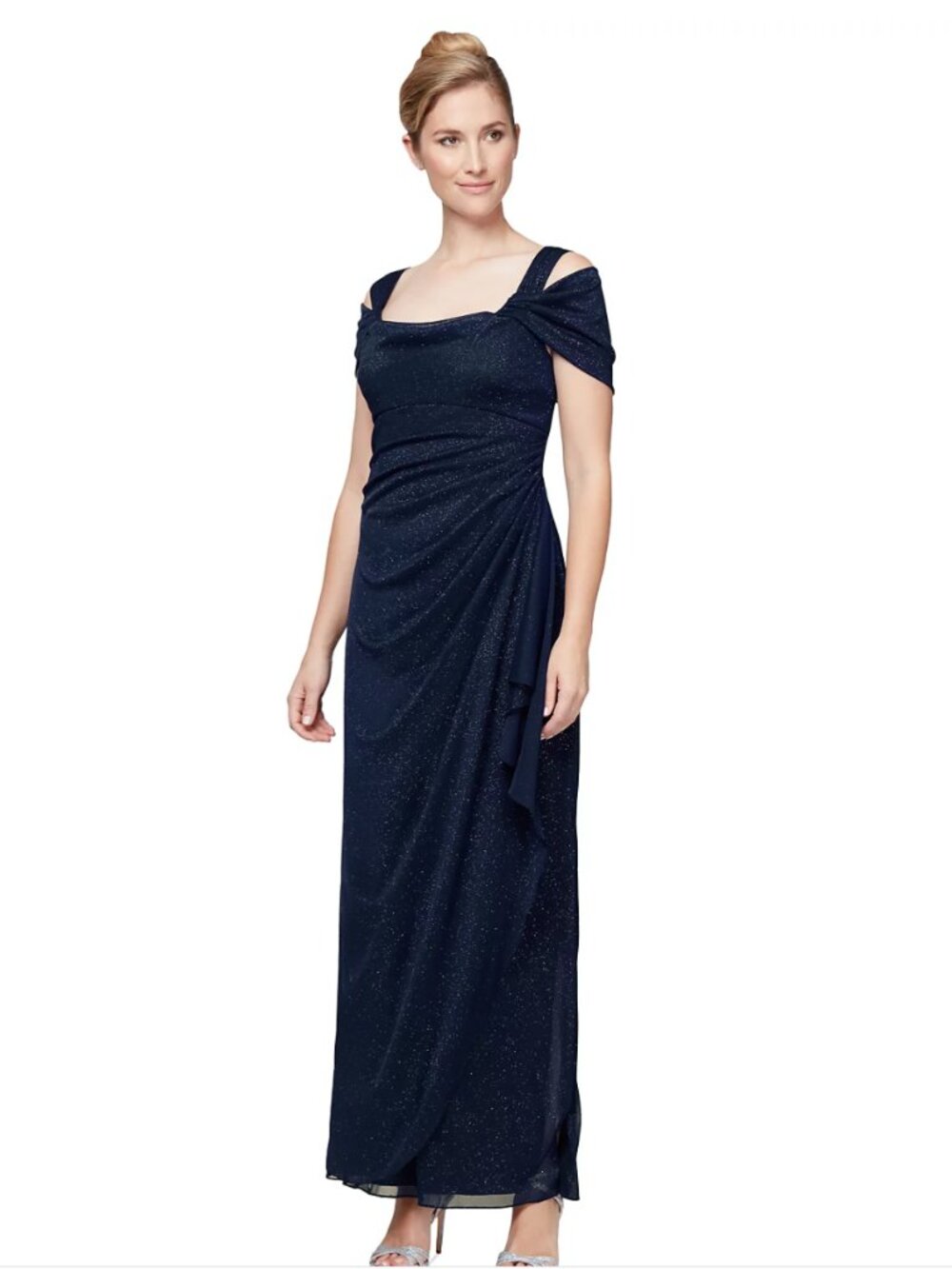 Alex Evenings Women's Cold-Shoulder Draped Metallic Gown (Navy, 12)